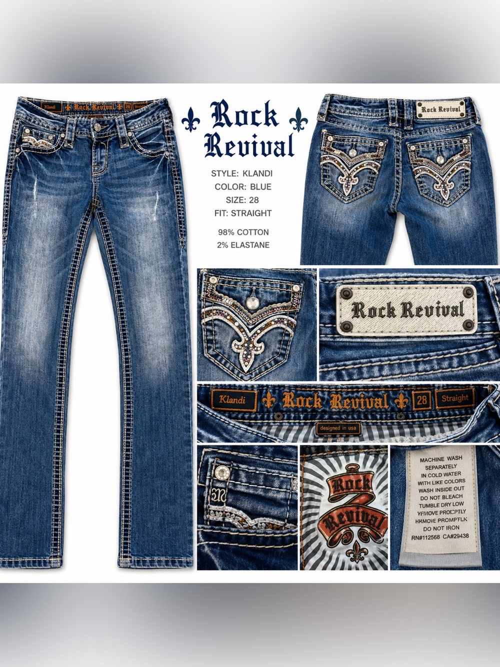 Rock Revival Klandi StraightJeansWomen’sSize 28 Blue Wash Rhinestone Embellished